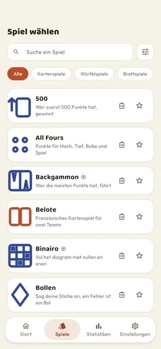 Die Spieleliste von Braggster, mit Suchfeld und Filtern nach Kategorie