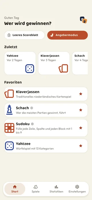 Der Startbildschirm von Braggster: letzte Spieleabende und Lieblingsspiele