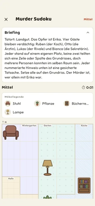 Ein Murder-Sudoku-Fall in der Braggster-App: das Briefing, die Möbel-Legende und der Grundriss der Räume