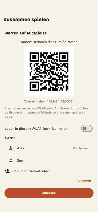 Die Lobby von Gemeinsam spielen: ein QR-Code zum Scannen für die anderen, die Spieler am Tisch und eine Beitrittsanfrage, die auf Zulassen wartet