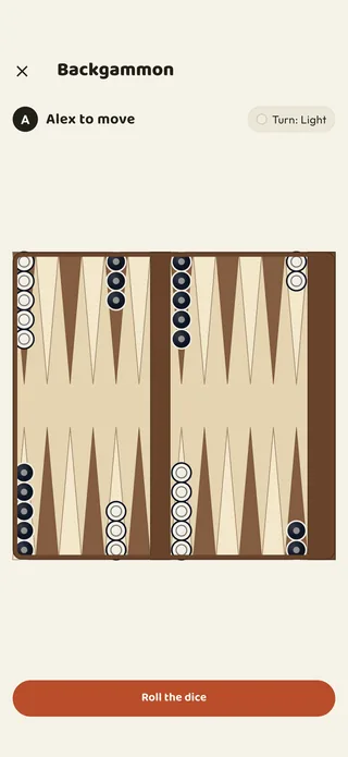 A backgammon board in the opening position with Alex to move and a Roll the dice button below it