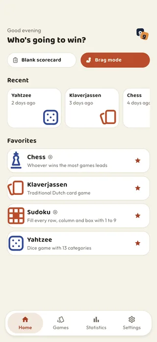 The Braggster home screen: recent game nights and favourite games