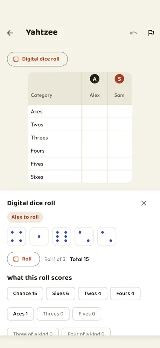 A Yahtzee scorecard for two players, with the dice roller open