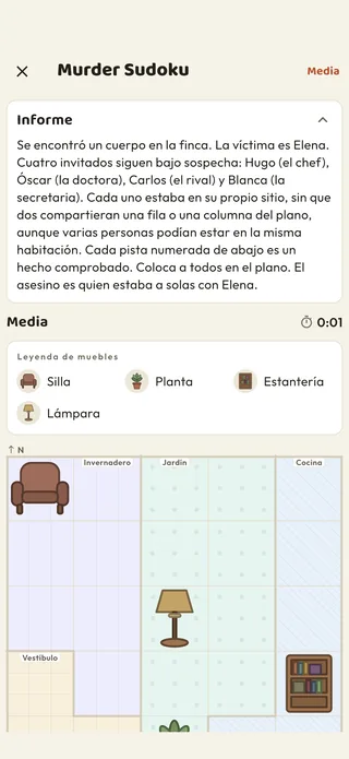 Un caso de Murder Sudoku en la app Braggster: el informe, la leyenda del mobiliario y el plano de las habitaciones