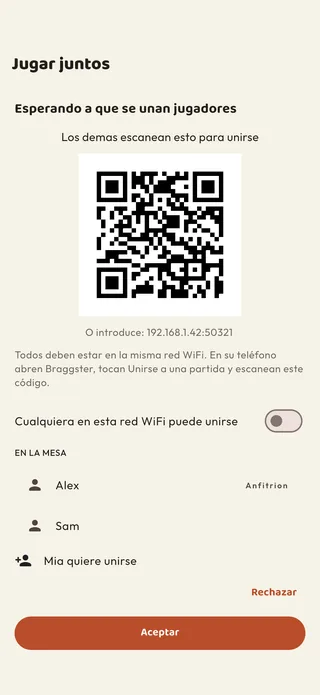 El salón de Jugar juntos: un código QR para que los demás lo escaneen, los jugadores de la mesa y una solicitud para unirse esperando a ser aceptada