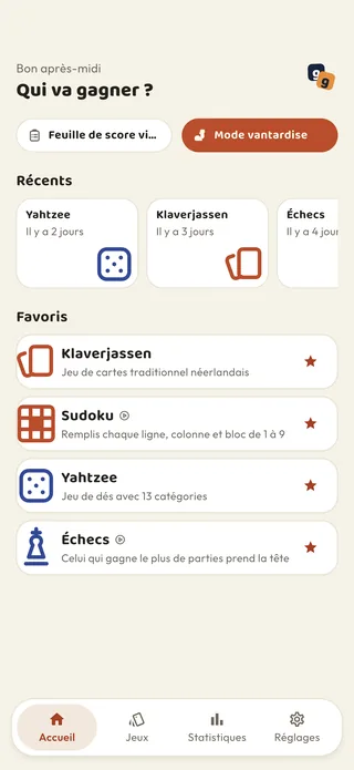 L'écran d'accueil de Braggster : parties récentes et jeux favoris