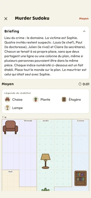 Une enquête Murder Sudoku dans l'app Braggster : le briefing, la légende du mobilier et le plan de la maison