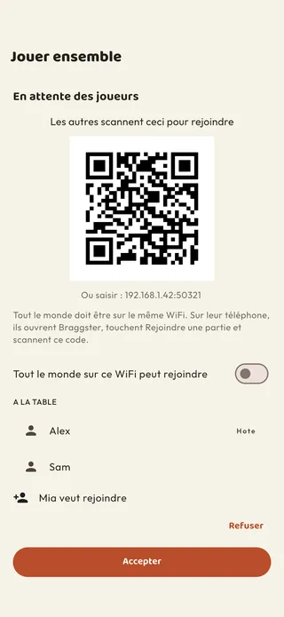 Le salon Jouer ensemble : un code QR à scanner pour les autres, les joueurs à table et une demande pour rejoindre en attente d'acceptation