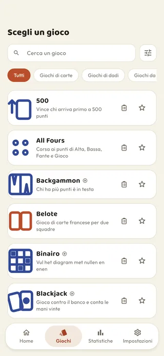 L'elenco dei giochi di Braggster, con ricerca e filtri per categoria