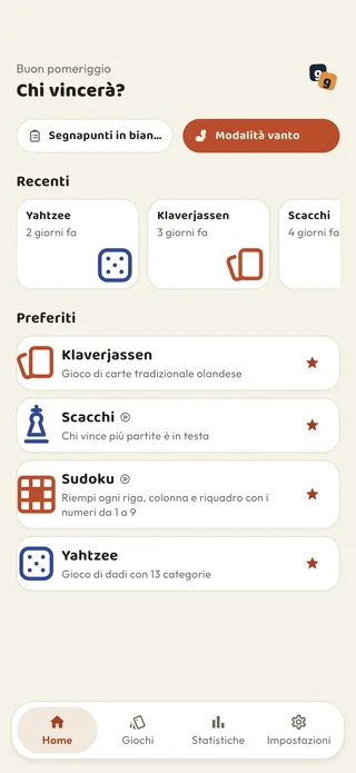 La schermata iniziale di Braggster: partite recenti e giochi preferiti