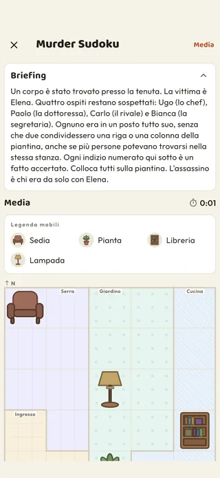 Un caso di Murder Sudoku nell'app Braggster: il briefing, la legenda degli arredi e la piantina delle stanze