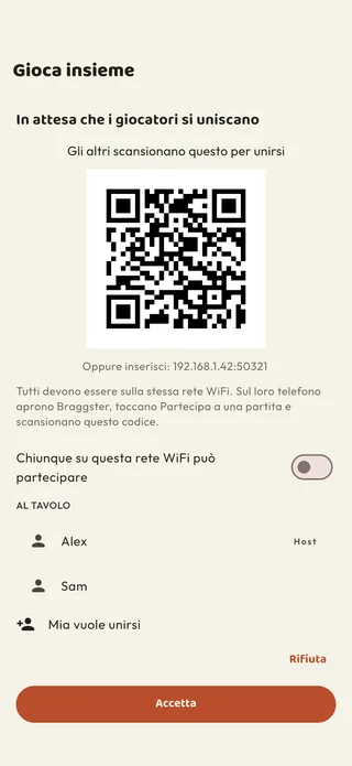 La lobby di Gioca insieme: un codice QR da far scansionare agli altri, i giocatori al tavolo e una richiesta di partecipazione in attesa di essere accettata