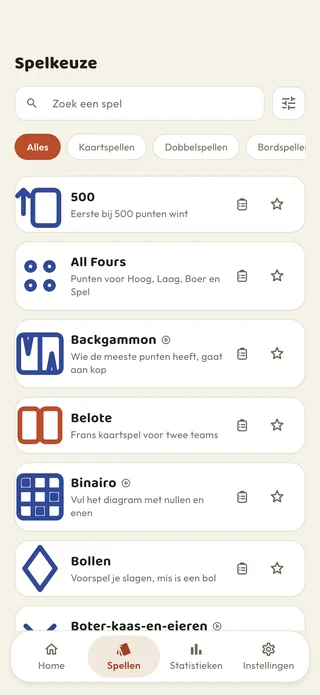 De spellenlijst van Braggster, met zoekveld en filters per categorie