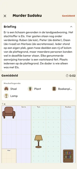 Een Murder Sudoku-zaak in de Braggster-app: de briefing, de meubellegenda en de plattegrond van de kamers