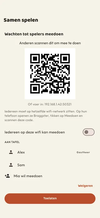 De lobby van Samen spelen: een QR-code om te scannen, de spelers aan tafel en een verzoek om mee te doen dat wacht op toelating