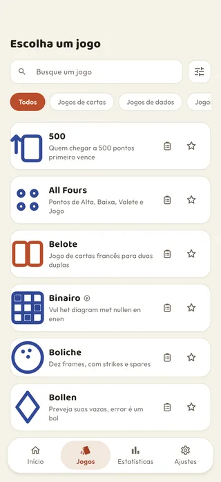 A lista de jogos do Braggster, com busca e filtros por categoria