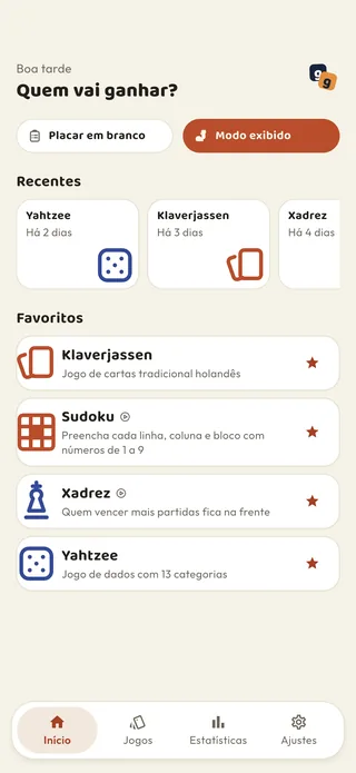 A tela inicial do Braggster: partidas recentes e jogos favoritos