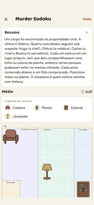 Um caso de Murder Sudoku no app Braggster: o briefing, a legenda dos móveis e a planta dos cômodos