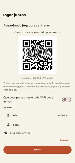 A sala de espera do Jogar juntos: um código QR para os outros escanearem, os jogadores na mesa e um pedido para entrar esperando para ser aceito
